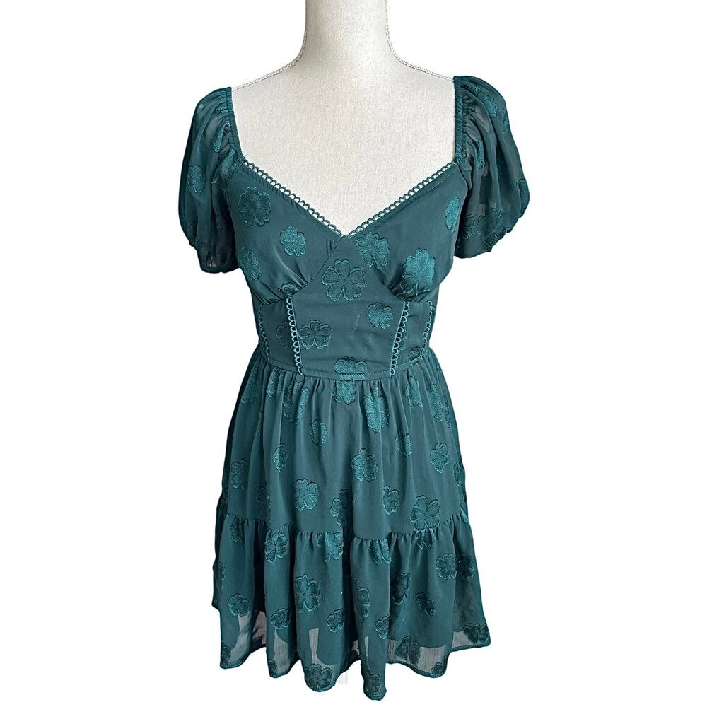 Trixxi green floral mini dress puff sleeve feminine tiered fit & flare size xs - Picture 2 of 9
